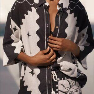 Anthropologie Tigre Indigo Linen Rolled-Sleeve Buttondown Shirt Top Plus Size 1X